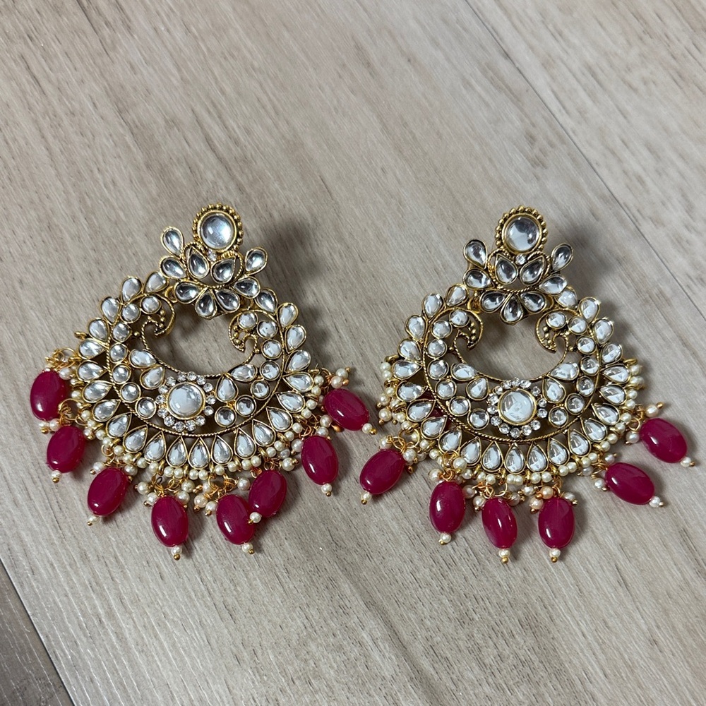 Gold & Pink Kundan Chandbali Earrings – Pearl & Bead Drops